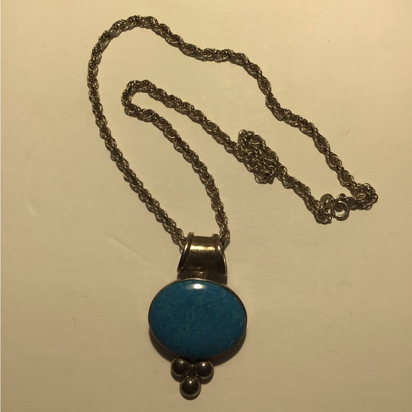 Bohemian Blue and Silver Necklace with Turquoise Pendant - Picture 2 of 7